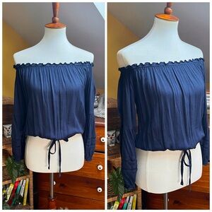 Hollister Navy Off-Shoulder Blouse Ruche Crop 3/4 Sleeve Top Shirt Lace Detail